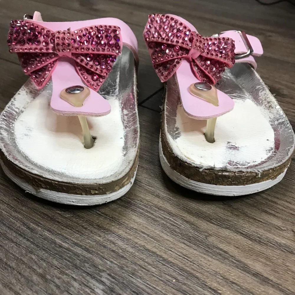 Monnalisa Pink Leather Crystal, Jewel Bow‎ Sandals Cork Little Girls 13 Italy